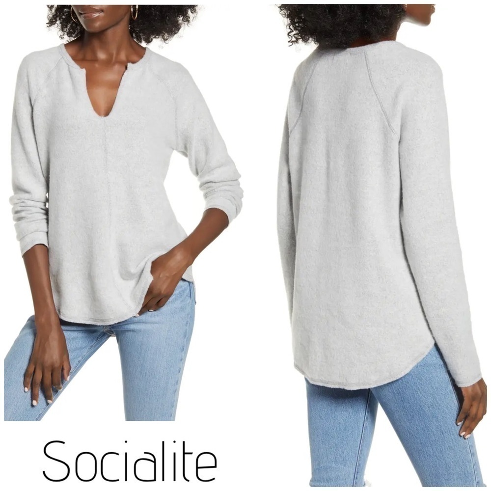 Socialite Split Neck Raglan Top fuzzy soft gray
